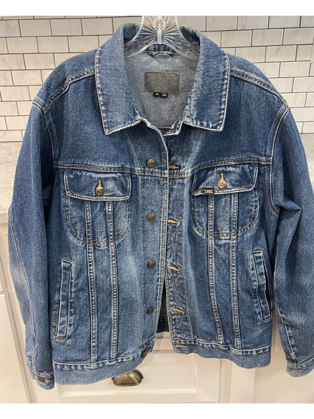 Vintage Lee Denim Jacket Mens M Blue Jean Button Front Trucker Slanted Pockets